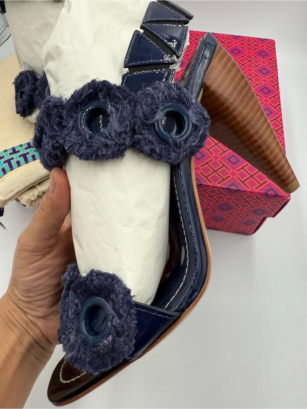 Tory Burch Navy Floral-Appliqué Wedge Sandals